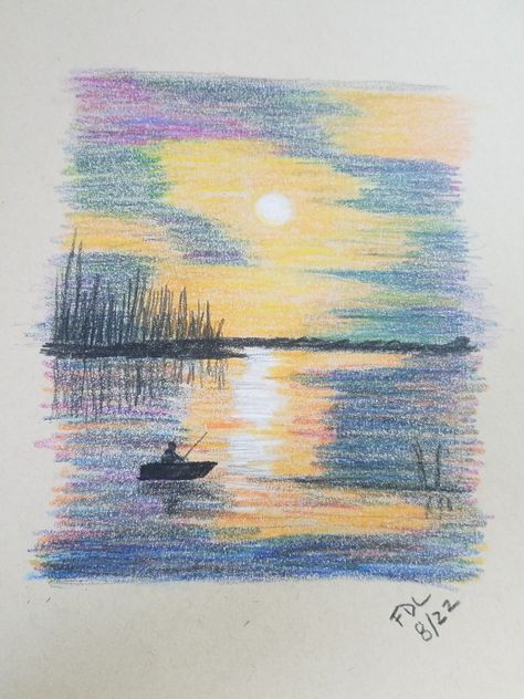 Color Pencil Art Inspiration, Colored Pencil Sketches Easy, Colored Pencil Ideas Easy, Colored Pencil Water Drawing, Aesthetic Color Pencil Art, Pencil Crayon Drawing Easy, Cool Crayon Drawings, Colored Pencil Drawing Ideas Easy, Color Pencil Landscape Drawing