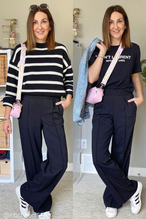 How To Wear Black Trousers Casual, How To Dress Down Black Trousers, Black Pants Tennis Shoes Outfit, Casual Loose Pants Outfit, Loose Pants And Sweater Outfit, Black Cropped Pants Outfit Summer, Black Wide Leg Knit Pants Outfit, Wide Long Pants Outfit, Loose Pants Winter Outfit