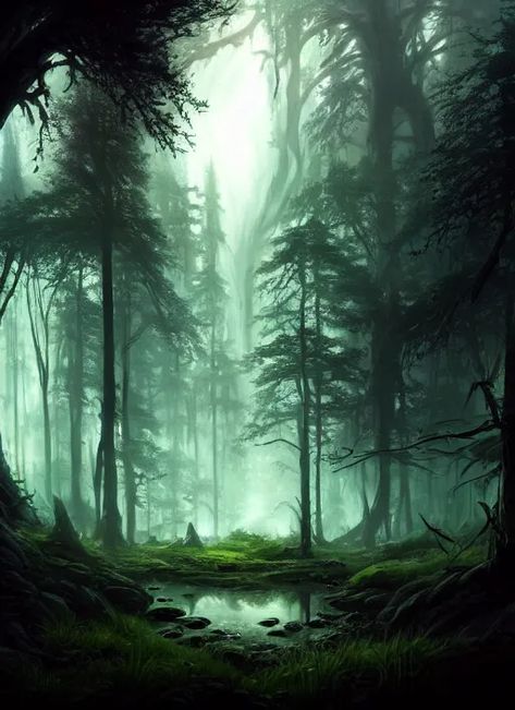 Ancient Forest Art, Dnd Forest Art, Fantasy Concept Art Landscape, Fantasy Landscape Forest, Dark Fantasy Forest Art, Magical Forest Fantasy Art, Fantasy Background Forests, Dark Forest Concept Art, Fantasy Forest Concept Art