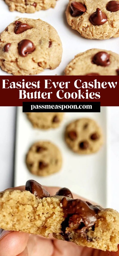 These cashew butter cookies are flourless, made with only three ingredients, are refined sugar free, and taste just like eating your favorite cashew butter straight out of the jar – only better! Butter Cookies Recipes, Cashew Butter Cookies, Cooking Cookies, Cashew Butter, Dessert Sauces, Cookies Recipes, The Jar, Dark Chocolate Chips, Refined Sugar Free