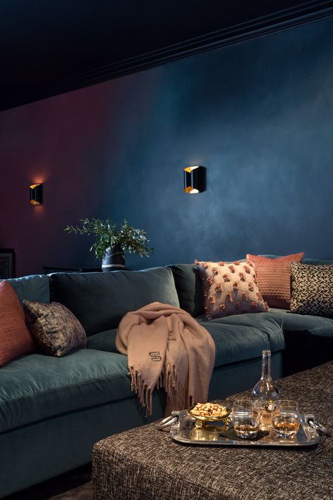 These Basement Paint Colors Will Make Your Walls Feel Both Timeless and Fresh | Hunker Media Room Paint Colors, Basement Movie Room, Basement Paint Colors, Contemporary Basement, Basement Painting, Blue Sectional, Media Room Design, Home Cinema Room, Living Tv