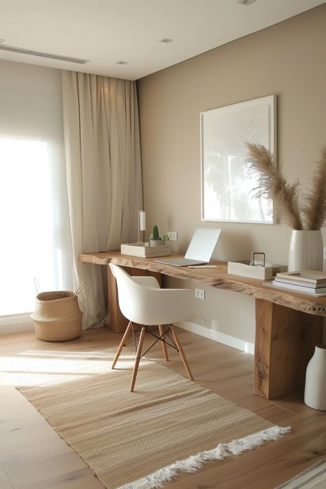 A minimalist home office focuses on simplicity and function, removing unnecessary clutter. Click for more ideas. Home Office Boho Chic Bohemian, Modern Cozy Home Office, Small Rustic Office Ideas, Home Office And Sitting Room Combo, Home Office Organic Modern, Natural Desk Setup, Neutral Boho Office, Small Home Office Organization Ideas, Small Minimalist Office