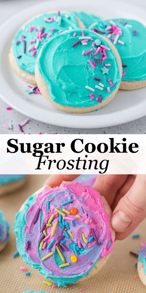 This is the sugar cookie frosting recipe you've been searching for! Made in just 5 minutes with 6 base ingredients and whatever color gel food coloring you want, this recipe is perfect for everything from simple cookies to intricate designs. Sugar Cookie Frosting Fluffy And Stackable, Easy Sugar Cookie Icing No Corn Syrup, Simple Sugar Cookie Frosting, Frosting For Cookies That Hardens, How To Frost Cookies With Buttercream, Soft Sugar Cookies With Buttercream Frosting, Recipe For Icing For Sugar Cookies, Easy Buttercream Frosting For Cookies, Frosting For Sugar Cookies Christmas