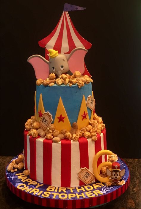 Dumbo Cake Ideas, Dumbo Circus Birthday Party, Circus Themed Cake, Dumbo Theme Party, Dumbo Cakes, Dumbo 1st Birthday, Carnival Cake Ideas, Dumbo Party Ideas, Circus Cake Ideas