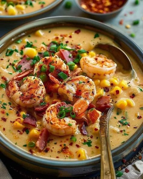 Antonia Lofaso | Louisiana Shrimp and Corn Bisque | Facebook Louisiana Soul Food, Shrimp Bisque Soup Recipes, Corn Bisque Soup, Shrimp And Corn Bisque, Shrimp And Corn Soup, Louisiana Shrimp, Corn Bisque, Shrimp And Corn, Bisque Soup Recipes