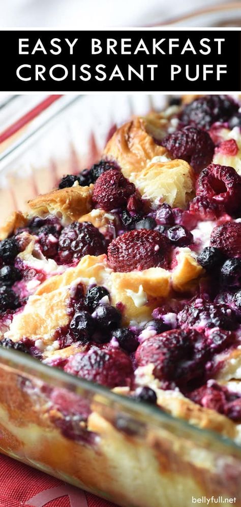 This Blueberry and Raspberry Croissant Puff is an easy and delicious breakfast or dessert casserole using buttery croissants, a cream cheese mixture, and fruit of your choice! #breakfast #casserole #breakfastcasserole #croissant #fruit Dessert Casserole, Raspberry Croissant, Breakfast Croissant, Yummy Casserole Recipes, Croissant Breakfast, Breakfast And Brunch, Breakfast Sweets, Bread Pudding Recipe, Yummy Casseroles