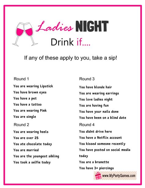 Free Printable Ladies’ Night Drink If Game Drinking Games For Girls Night, Girls Weekend Games, Drink If Questions, Ladies Night In Ideas, Girls Game Night Ideas, Girls Night Games Ideas, Lady’s Night Ideas, Ladies Night Games Free Printable Hilarious, Disney Drinking Game