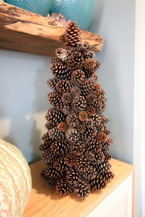 Pine Cone Christmas Tree on Shelf. Pinecone Trees Christmas, Pine Cone Trees Diy, Decorating With Pine Cones, Decorating With Pine, Pinecone Ideas, Pinecone Christmas Tree, Pinecone Tree, Pinecone Decor, Pine Cone Christmas Decorations