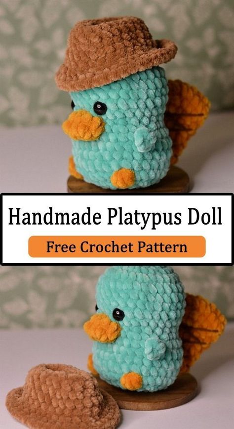 Crochet Amigurumi Gift Ideas, Crochet Animals Fluffy Yarn, Platypus Amigurumi Free Pattern, Crochet Plushie Accessories, Cool Crochet Animals, Crochet Patterns Stuffies, Crochet Platypus Pattern, Turtle Plushie Crochet, Free Fluffy Crochet Patterns