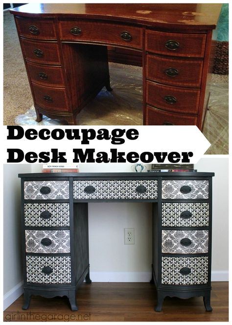 Vintage decoupage desk makeover - Girl in the Garage Decoupage Desk, Desk Makeover Diy, Diy Decoupage, Vintage Decoupage, Popular Images, Desk Diy, Easy Home Improvement, Free Collage, Decoupage Furniture