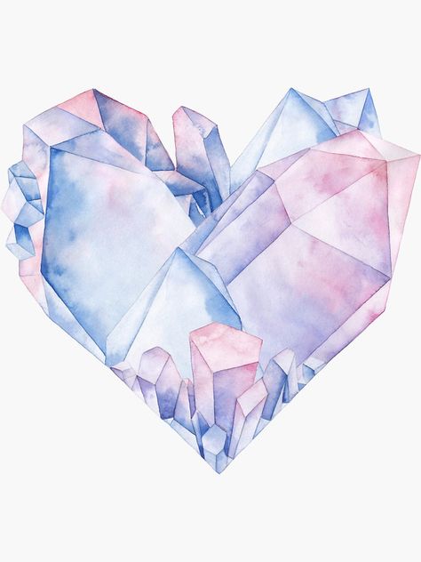 Crystals Art Drawing, Heart Shaped Crystals, Crystals Watercolors, Heart Wall Decal, Crystal Drawing, Frozen Heart, Shaped Crystals, Crystal Stickers, Watercolor Heart