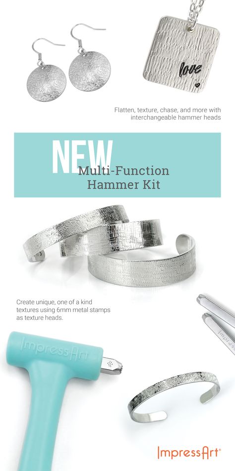 NEW - ImpressArt Multi-Function Hammer Kit containing the Sprinkle Texture Stamp, Chasing Head, Ball Pien Texture Head and Nylon Head. Perfect for enhancing your jewelry and adding another dimension to your already beautiful design! #metalstamping #impressart #metalstampingtools Metal Stamping Ideas, Metal Stamped Jewelry, Jewerly Making, Jewelry Making Kits, Another Dimension, Basic Jewelry, Jewelry Making Kit, Stamping Ideas, Dog Jewelry