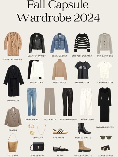 Create an effortless fall capsule wardrobe 2023 with these fall wardrobe essentials. Get classic capsule wardrobe inspiration plus tons of casual fall outfits for women that work for the mom, the minimalist, and the socialite who loves going out. Find a perfect mix of comfy, French flair, neutrals, leggings, denim, and versatile closet staples! Casual Classic Style Fall Outfits, Capsule Wardrobe For University, Fall 24 Capsule Wardrobe, Casual Comfy Outfits For Women, Black Capsule Wardrobe Minimal Classic, Capsule Wardrobe Staples, French Fall Capsule Wardrobe, Casual Classic Outfits For Women, Women’s Wardrobe Capsule