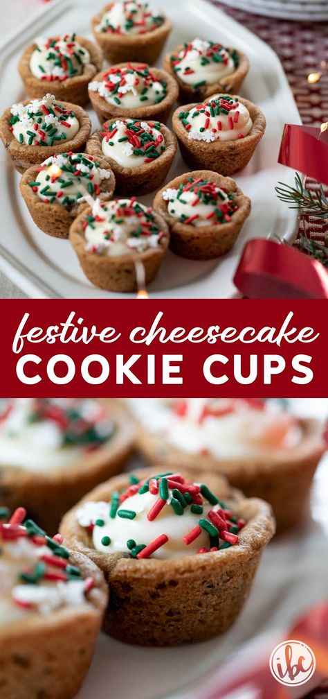 Celebrate the festive season with these Cheesecake Cookie Cups, adorned with red and green sprinkles for that holiday touch. An absolute crowd-pleaser, these bite-sized treats bring warmth and joy to every Christmas table. With their creamy filling and cookie base, they're the mini dessert gift that keeps on giving. They are the perfect sweet treat for any Christmas party or holiday celebration. Christmas Desserts Cheesecake, Bite Size Christmas Desserts, Mini Christmas Desserts, Cheesecake Cookie Cups, Holiday Cheesecake, Christmas Desserts Party, Cheesecake Cookie, Cookie Cups Recipe, Christmas Cheesecake