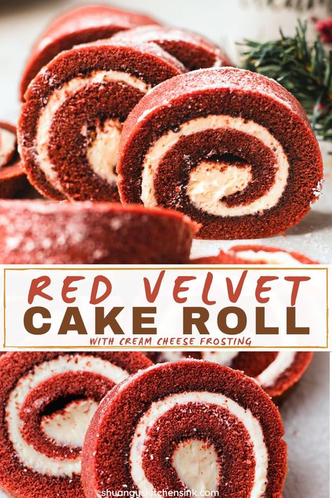 Red Velvet Cake Roll {Gluten-free} | Shuangy's Kitchensink Red Velvet Log Cake, Gluten Free Roll Cake, Red Velvet Roll Cake, Red Velvet Swiss Roll, Red Velvet Roll, Healthy Red Velvet, Gluten Free Red Velvet Cake, Gluten Free Red Velvet, Red Velvet Cake Roll