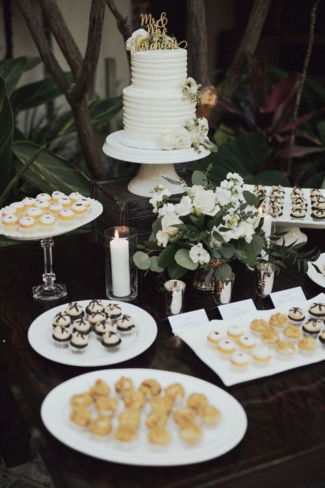 Simple Wedding Cake And Dessert Table, Simple Elegant Dessert Table, Wedding Dessert Table Simple, Simple Dessert Table Wedding, Minimal Dessert Table, Small Wedding Cake And Dessert Table, Small Dessert Table, Wedding Sweets Table Ideas Mini Desserts, Wedding Cake Show Display