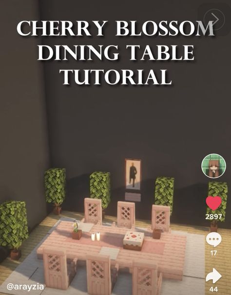 Cute Minecraft Dining Room, Minecraft Vanilla Furniture, Tables In Minecraft, Kitchen Table Minecraft, Pink Living Room Minecraft, Cherry Kitchen Minecraft, Minecraft Princess Bed, Minecraft Cherry Blossom Furniture, Dinner Table Minecraft