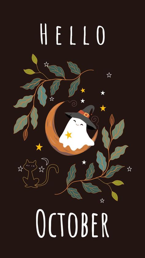 The Halloween template or wallpaper, the cute ghost sheet who wears a black witch hat, black cat and autumn colorful leaves. Witchy October Wallpaper, October Wallpaper Halloween, Hello October Spooky, Happy October Wallpaper, October Cute Wallpaper, Hello October Halloween, Happy Halloween Wallpaper Cute, Hello Autumn Illustration, Cool Halloween Wallpapers