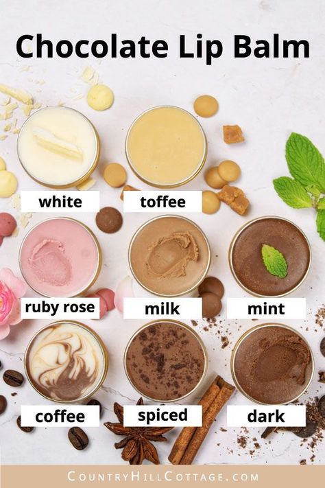 DIY Chocolate Lip Balm - 8 Recipes Diy Coffee Lip Balm, Chocolate Lip Balm Recipe, Lip Balm Flavors Essential Oils, Diy Natural Lip Balm Recipes, Diy Chocolate Recipe, Lip Balm Flavor Ideas, Creamy Lip Balm Recipe, Lip Balm Ideas, Homemade Lip Oil Recipe