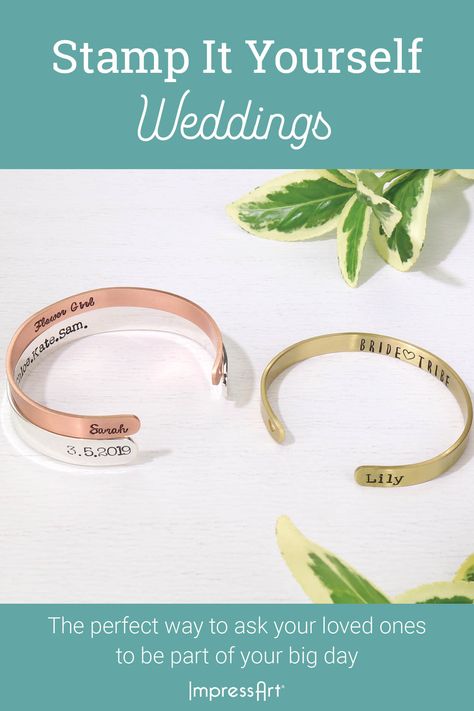 #DIYWeddingIdeas A wedding day is one of the most special days in a couples life, so why not make it as special as it can be by personalizing it with metal stamping projects! Project ideas are listed on our website at impressart.com/weddings, where you'll see what you need to make bridal party gifts and favors, personalized decor and ceremony accents, and keepsakes!! For more metal stamping DIY Wedding ideas, check out our instagram @Impressart! #DIYWeddings #WeddingGifts #WeddingFavors #Bride Metal Stamping Ideas, Wedding Ceremony Checklist, Metal Stamping Projects, Metal Stamping Diy, Tags Diy, Metal Stamped Jewelry, Wedding Ceremony Backdrop, Wedding Info, Ceremony Dresses