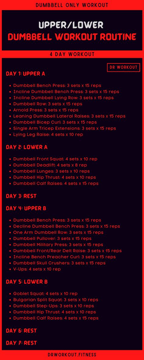 4 Day Upper Lower Dumbbell Workout Plan 3 Day Dumbbell Split, Dr Workout Fitness, Full Body Dumbbell Workout At Home, Dumbbell Workout For Men, 4 Day Workout Routine, Dr Workout, Split Workout Routine, Dumbbell Workout Routine, Dumbbell Workout Plan