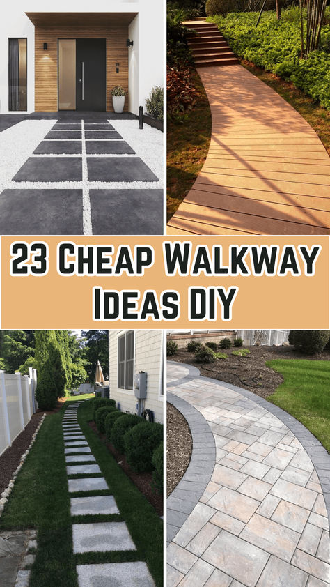 An outdoor garden walkway made of gravel with stepping stones placed neatly in a zigzag pattern. Lush green plants line the sides of the path, adding a natural and inviting feel to the yard. Side Yard Entrance Ideas, Outdoor Walking Path Ideas, Sidewalk Stones Pathways, Side Yard Walkway Ideas Cheap, Cheap Sidewalk Ideas, Entryway Path Walkways, Diy Side Walk Walkways, Rock Pathways Walkways, Deck Walkway Ideas