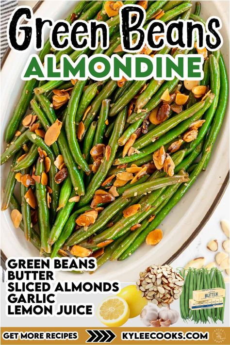 Green Beans Almondine: tender green beans, toasted almonds, and a hint of lemon 🍋.  A perfect side dish! Green Beans Almonds, Green Bean Side Dish Recipes, French Side Dishes, Green Beans Side, Green Beans With Almonds, Green Beans Almondine, Sides Recipes, Veggie Tales, Best Bread Recipe