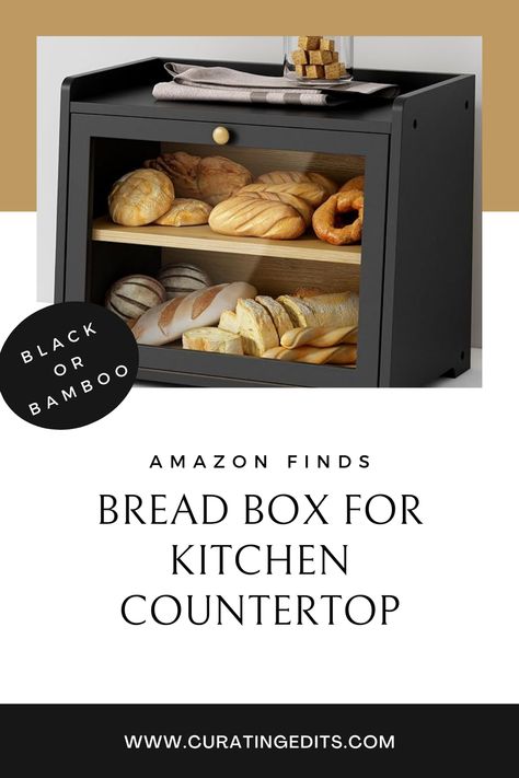 A bread box in black farmhouse aesthetic available on Amazon.com Corner Cabinet Pantry, Kitchen Counter Corner, Kitchen Counter Styling, Black Bread, Pantry Cupboard, Bread Storage, Wood Farmhouse, Stale Bread, Bread Boxes