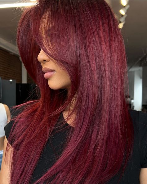 Booking our stylists ASAP! Would you try this color? 🍒  (Image via @lifeoflisag) Pillar Box Red Hair, Wine Colour Hair, Maroon Red Hair, Cherry Cola Red Hair, Red Hair No Bleach, Fall Red Hair Color, Cherry Red Hair Color, Red Wine Hair, Red Hair Styles