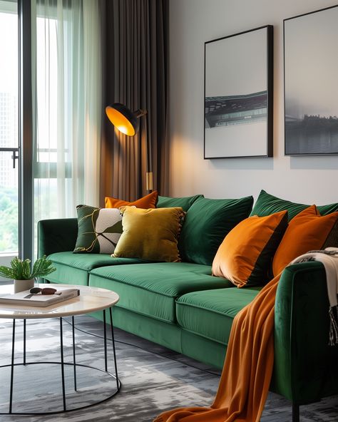 Pillows For Green Sofa, Emerald Green And Yellow Living Room, Green Sofa Ideas, Green And Yellow Living Room, Green Sofa Inspiration, Green Couch Decor, Green Sofa Decor, Green Corner Sofas, Modern Green Living Room