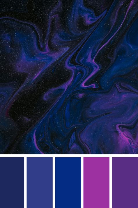 A stunning purple blue color palette that swirls like a galactic nebula, with deep purples and electric blues blending seamlessly across a dark, starry background. Oil Spill Color Palette, Ursula Color Palette, Blue Grey Purple Color Palette, Blue Purple Gold Color Palette, Dark Blue And Purple Color Palette, Galactic Color Palette, Blue Color Palette Combination, Green Blue Purple Color Palette, Deep Purple Color Palette