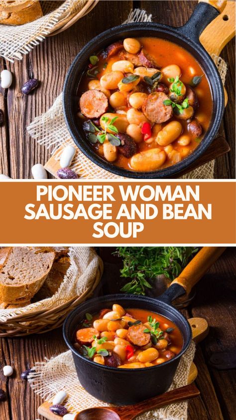 Pioneer Woman Sausage And Bean Soup is a hearty dish crafted with simple, wholesome ingredients. Featuring savory sausage, a medley of vegetables, and an array of aromatic herbs and spices, this recipe delivers comforting flavors in just 40 minutes, serving 6. Smoked Sausage Bean Soup, Bean Sausage Soup, Smoked Sausage And Bean Soup, Bean Soup With Sausage, Soups With Smoked Sausage, Sausage And Bean Stew, Sausage Bean Soup, Pioneer Woman Soup Recipes, 15 Bean Soup With Sausage