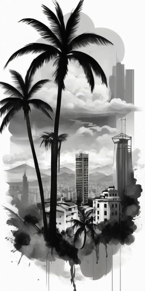 City Background Tattoo Design, La Palm Tree Tattoo, Palm Tattoo Design, Palm Trees Tattoo Design, City Tattoo Design, Shadow Tattoo Design, Palm Tree Tattoo Design, City Tattoo Ideas, Cholo Tattoo