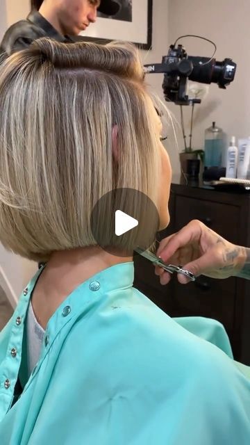 Angled Bob Fine Hair, Short Hairstyle Women Fine Hair Bangs, Short Bob With Bangs For Fine Hair Round Faces, Short Blonde Bobs With Bangs, How To Style A Short Bob Tutorials, Carved Bob Haircut, Medium Length Stacked Bob, Undercut Bob Haircut For Fine Hair, Short Layered Bob Hairstyles For Fine Hair