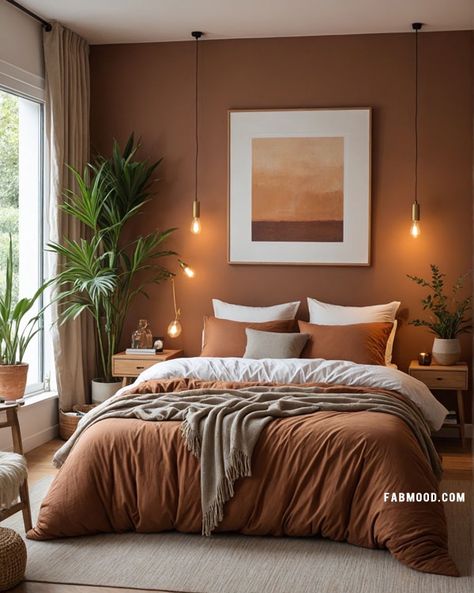 terracotta bedroom, earthy bedroom design, warm earthy bedroom Earthy Paint Colors For Bedroom, Sienna Bedroom Ideas, Bedroom Paint Terracotta, Matte Bedroom Paint Wall Colors, Guest Bedroom Ideas Terracotta, Rust Bedspread Bedroom, Copper Bedroom Walls, Neutral Feature Wall Bedroom, Mushroom Bedroom Colour