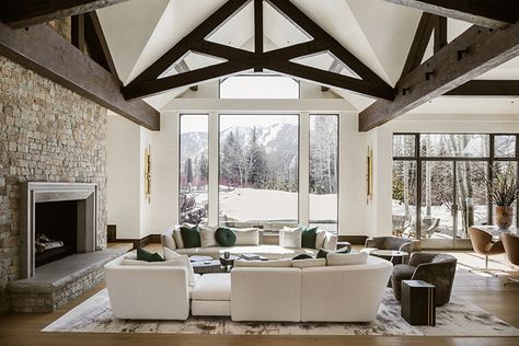 An Award-Winning Mountain Home Built for Making Memories- fireplace wall Mountain Home Interiors, Modern Mountain Home, Large Window, Mountain Living, Mountain Modern, Modern Mountain, Hamptons House, Pumpkin Season, Mountain Homes