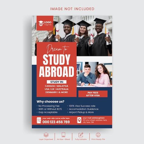 Study abroad flyer or university admissi... | Premium Vector #Freepik #vector #poster #higher-education #flyer-template #print-ready University Flyer Design Inspiration, Education Posters Design, Flyer Design Education, University Admission Poster, Study Abroad Flyer Design, Student Day Poster Design, University Flyer Design, College Flyer Design, University Brochure Design