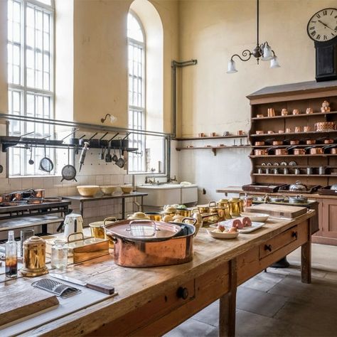 Plain English Design on Instagram: “Plain English is constantly inspired by the @nationaltrust‘s many historic properties; our aesthetic references the values of the past and…” Large Victorian Kitchen, Edwardian Food, Downton Abbey Kitchen, Petworth House, Historic Kitchen, Plain English, Antique Kitchen, English Design, Old Kitchen