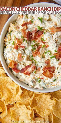 Bacon Cheddar Ranch Dip is the perfect cold appetizer dip with ranch mix, cheddar, sour cream and bacon that will be a hit for game day celebrations! #Bacon #ranch #dip #side #sidedish #ranchdip #bacondip #dinnerthendessert Appetizers For Superbowl Party Appetizer Ideas, Good Party Dips, Loaded Ranch Dip, Cheddar Bacon Dip, Party Dip Cold, Dip Night Ideas Savory, Cold Party Dips Appetizers, Best Party Dips Recipes, Bacon Dishes Appetizers