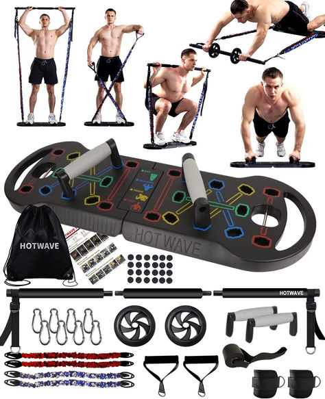 HOTWAVE Portable Exercise Equipment with 16 Gym Accessories.20 in 1 Push Up Board Fitness,Resistance Bands with Ab Roller Wheel,Full Body Workout at Home,Patent Pending Mens Full Body Workout, Pushup Board, Push Up Board, Home Workout Men, Portable Gym, Up Board, Full Body Workout At Home, Portable Home, Ab Roller