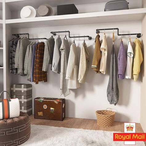 Possible idea for wall in dressing room Industrial Clothes Rail, Clothes Storage Systems, Pipe Clothes Rack, Rails Clothing, Closet Laundry, Wall Railing, No Closet Solutions, Wardrobe Room, Wall Closet