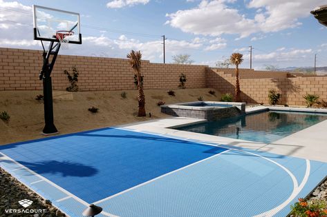 20 Fun Backyard Sports & Game Ideas For Pool Surrounds | VersaCourt Fun Backyard Games, Pool Fencing Landscaping, Tennis Court Backyard, Home Basketball Court, Pool Surrounds, Basketball Court Backyard, Backyard Sports, Backyard Basketball, Pools For Small Yards