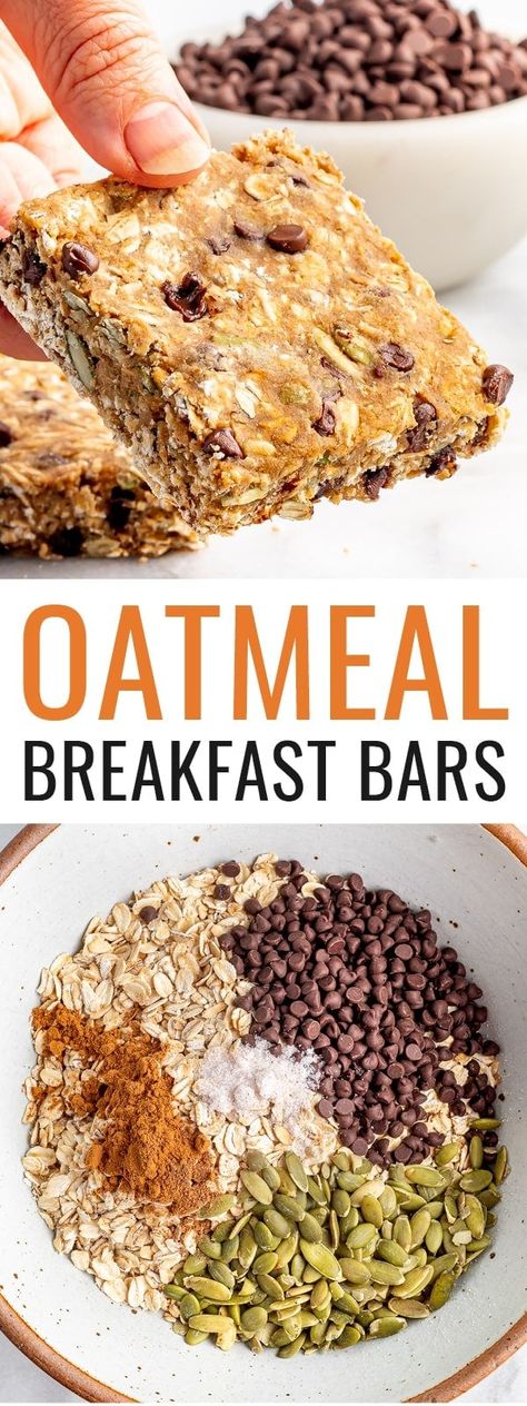 These chocolate chip oatmeal breakfast bars are perfect for breakfast, but also work as a snack any time of the day. Added bonus: they're nut-free so they can be packed for school lunches! Healthy Baked Breakfast, Breakfast Oatmeal Bars, Oatmeal Breakfast Bars Healthy, Breakfast Bars Healthy, Breakfast Bars Recipe, No Bake Oatmeal Bars, Baked Breakfast, Oatmeal Breakfast Bars, Clean Breakfast