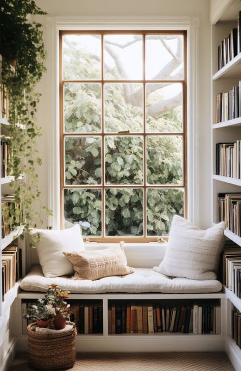 Book Nook By Window, Bookshelves Window Seat, Bay Window Ideas Plants, Bookshelf Window Wall, Bookshelf Above Window, Bay Window Bookshelf, Nook Window Ideas, Bookshelf Over Window, Book Window Seat