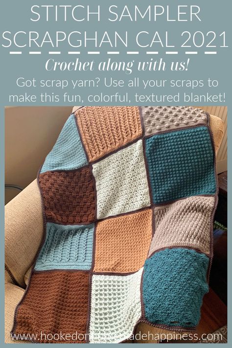 Stitch Sampler Scrapghan Crochet Along 2021 Crochet Sampler Throw Pattern, Crochet Square Sampler Blanket Pattern Free, Free Crochet Patterns For Afghans Squares Simple, Crochet Stitch Sampler Afghan, Crochet Blocks Blanket, Crochet A Long Blanket, Stitch Sampler Crochet Blanket Pattern Free, 12” Crochet Squares, Crochet Sampler Squares