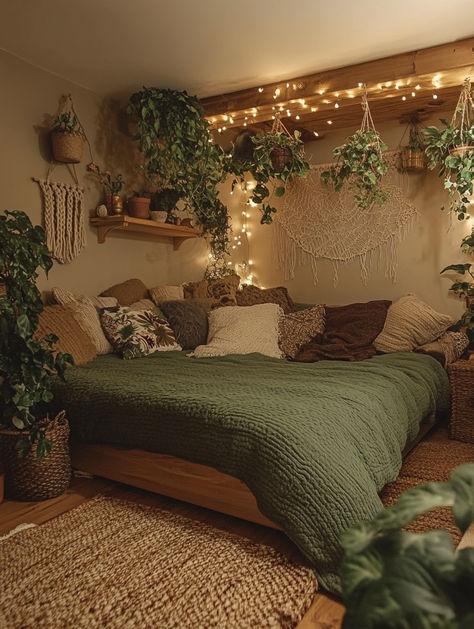 Transform your bedroom into a cozy haven with soft blankets, lush greenery, and warm fairy lights. This natural, boho-inspired design creates the perfect restful retreat. Time to refresh your home vibes with simple, calming touches! 🪴✨ #BedroomRefresh #CozyVibes #HomeDecor Basement Room Ideas Aesthetic, Cottage Vibe Bedroom, Rainforest Room Ideas, Jungle Bedroom Aesthetic, Rainforest Bedroom Ideas, Rich Bedroom Aesthetic, Home Bedroom Refresh, Rainforest Bedroom, Cozy Green Bedroom