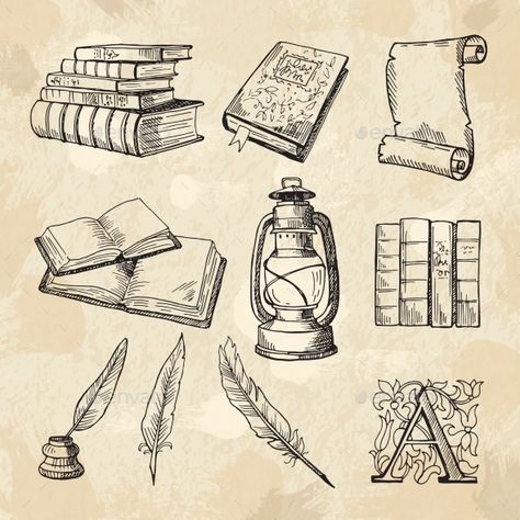 Literature concept pictures. Vintage hand drawings books and different tools for writers. Literature book sketch, hand drawing literary and feather pen with inkwell. Vector illustration Vintage Drawing Design, Books Design Drawing, Book And Quill Drawing, Book Pen Drawing, Vintage Pen Drawing, Drawings With Writing, Old Things Drawing, Book And Quill Tattoo, Book Related Drawings