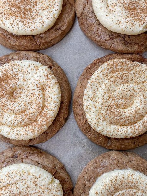 Cinnamon Roll Cookies | Ash Baber Cinnabon Cinnamon Roll Cookies, Soft Cinnamon Roll Cookies, Cinnamon Roll Cookies Crumbl, Cinnamon Bun Cookies, Cinnamon Roll Cookies Recipe, Cinnamon Rolls Cookies, Ash Baber, Cinnamon Roll Sugar Cookies, Cookies Crumbl