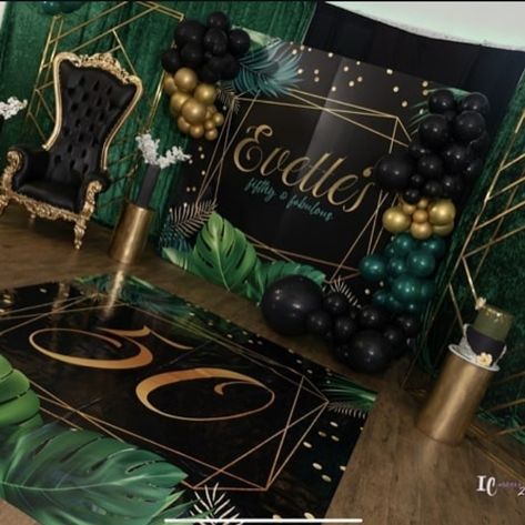 Green Black And Gold Party Decor, Gold Party Decor, Emerald Green Wedding Theme, Black And Gold Party, Surprise 50th, 64th Birthday, 50th Bday, Green Themed Wedding, Emerald Green Weddings