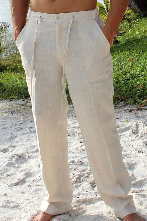 Mens Beach Wedding Attire, Comfortable Casual Outfits, Wedding Pants, Beach Wedding Attire, Mens Beach, Mens Wedding Attire, Mens Linen Pants, Linen Drawstring Pants, Guayabera Shirt